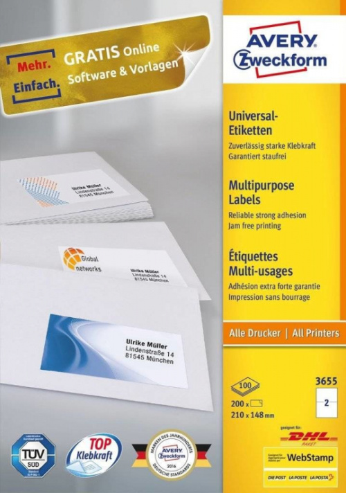 Avery 3655 self-adhesive label Rectangle Permanent White 200 pc(s)