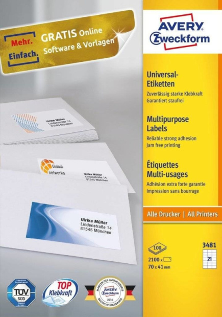 Avery 3481 self-adhesive label Rectangle Permanent White 2100 pc(s)