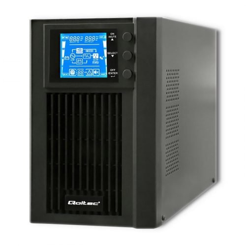 Qoltec 53042 UPS On-line AVR Pure Sine Wave | 1kVA | 800W | LCD With Zero switching time, Double conversion Input 115 VAC ~ 300 VAC, Output 230VAC (Smart) 1xRS-232 1x USB 2xRJ45 1x SCHUKO 1xIEC