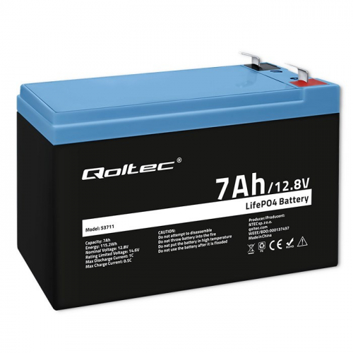 Qoltec LiFePO4 Lithium Iron Phosphate Battery | 12.8V | 7Ah | 89.6Wh | BMS