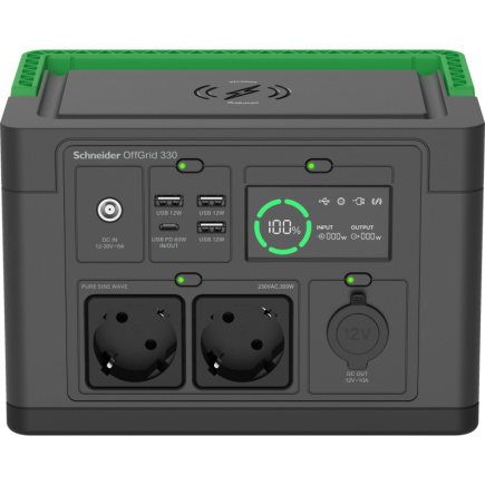 Schneider OffGrid Portable Power Station 330, 230V, 332Wh Lithium-ion, LCD, 2 CEE 7/3 Schuko outlets, Sinewave, 3 USB-A, 1 USB-C, Wireless Charger APC