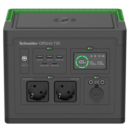 Schneider OffGrid Portable Power Station 730, 738Wh Lithium-ion, LCD, 2 CEE 7/3 Schuko outlets, Sinewave, 3 USB-A, 2 USB-C, Wireless Charger APC