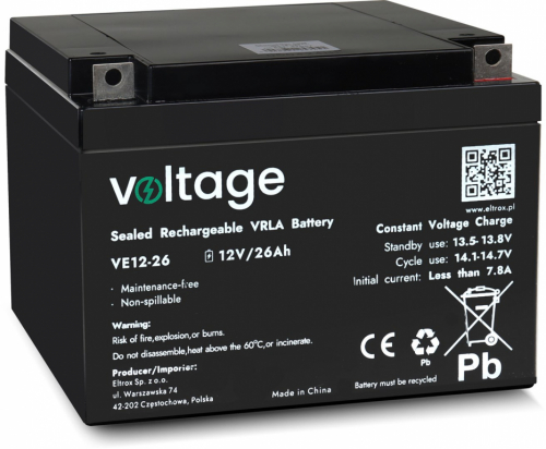 AGM Battery Voltage 12V 26Ah VE12-26 (Lifespan 6-9 years)