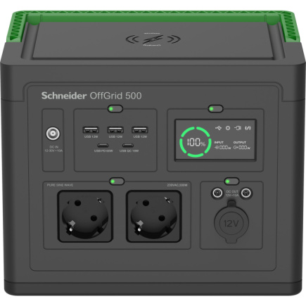 Schneider OffGrid Portable Power Station 500, 230V, 517Wh Lithium-ion, LCD, 2 CEE 7/3 Schuko outlets, Sinewave, 3 USB-A, 2 USB-C, Wireless Charger APC