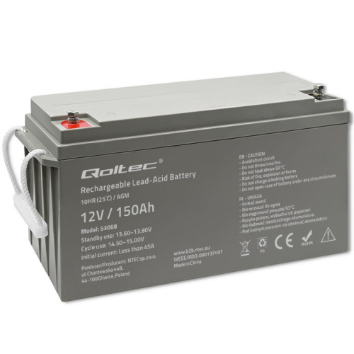 QOLTEC 53068 AGM battery 12V 150Ah max. 2250A