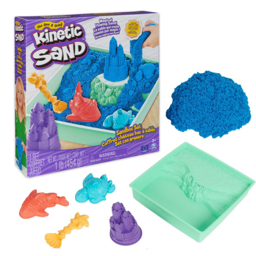 Kinetic Sand , Sandbox Set with 1lb Blue Play Sand, 4 Tools & Molds, Storage, Sensory Toys for Kids Ages 3 and up