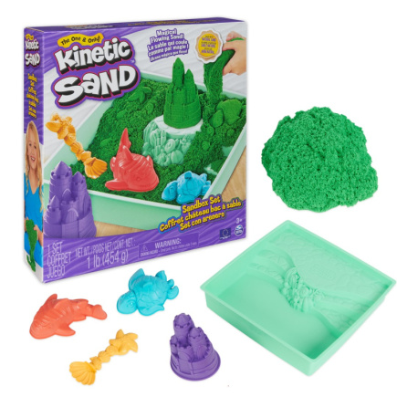 Kinetic Sand , Sandbox Set with 1lb Green Play Sand, 4 Tools & Molds, Storage, Sensory Toys for Kids Ages 3 and up