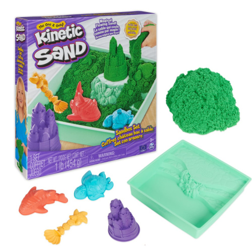 Kinetic Sand , Sandbox Set with 1lb Green Play Sand, 4 Tools & Molds, Storage, Sensory Toys for Kids Ages 3 and up