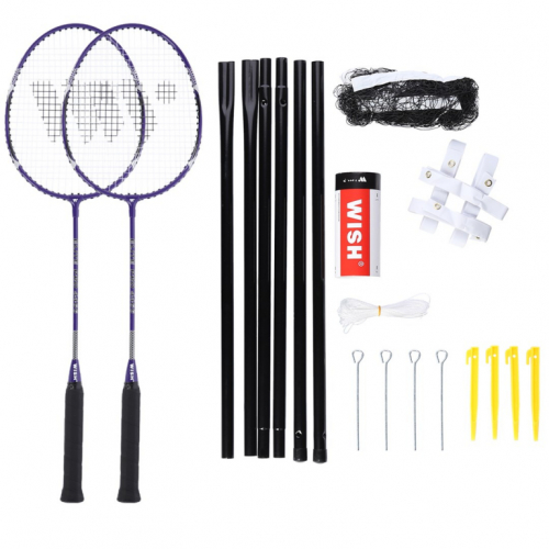 Wish Alumtec badminton racket set 4466 2 purple rackets + 3 shuttlecocks + net + lines