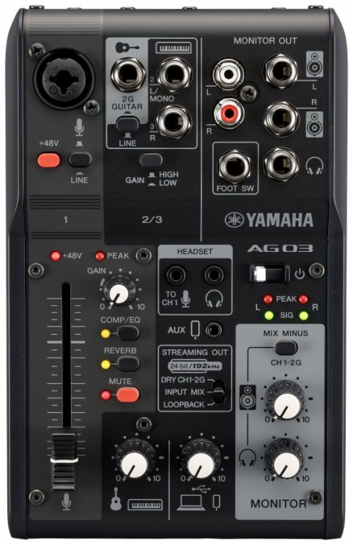 Yamaha AG03 MK2 - 3-channel live streaming mixer with USB audio interface, black