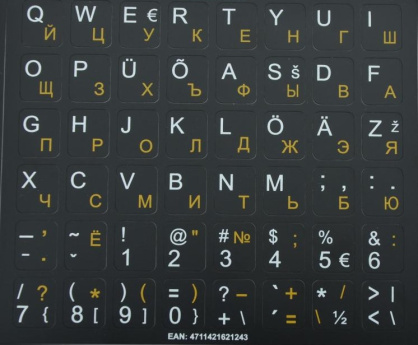 Labels for keyboard HQ. Color base black. Color of letters: RU- yellow/EST– white.