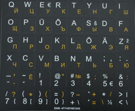 Labels for keyboard HQ. Color base black. Color of letters: RU- yellow/EST– white.