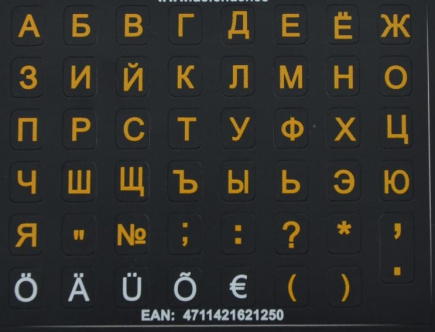 Labels for keyboard mini HQ. Color base black. Color of letters: EST– white, RUS-yellow.