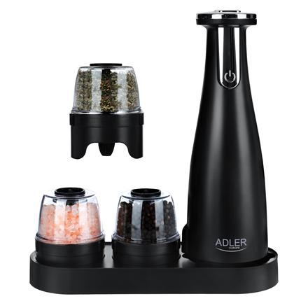 Adler | Electric Salt and pepper grinder | AD 4449b | Grinder | 7 W | Housing material ABS plastic | Lithium | Mills with ceramic querns; Charging light; Auto power off after: 3 minutes; Fully charged for 120 minutes of continuous use; Charging time: 2.5