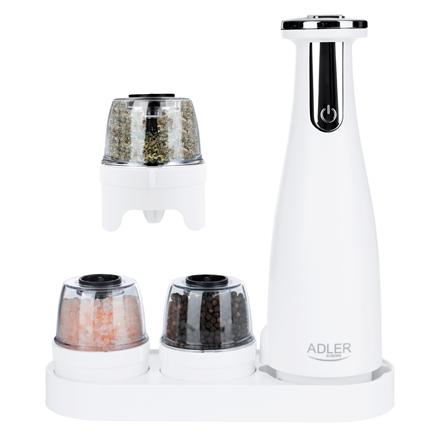 Adler | Electric Salt and pepper grinder | AD 4449w | Grinder | 7 W | Housing material ABS plastic | Lithium | Mills with ceramic querns; Charging light; Auto power off after: 3 minutes; Fully charged for 120 minutes of continuous use; Charging time: 2.5