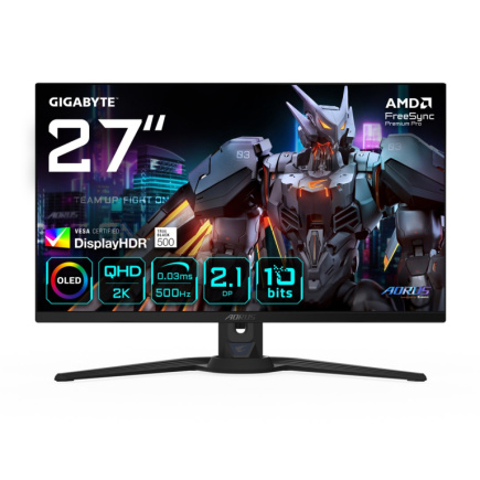 GIGABYTE AORUS FO27Q5P OLED QHD Gaming Monitor - 2560 x 1440, 500Hz, 0.03ms, KVM, 300 cd/m², FreeSync Premium Pro, DisplayHDR True Черный 500, DisplayPort 2.1