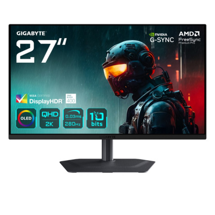 GIGABYTE MO27Q2A 27” OLED 2K QHD Gaming Monitor - 2560 x 1440, 280Hz, 0.03ms, 250 cd/m², FreeSync Premium Pro, DisplayHDR True Must 400, HDMI 2.1, Displayport 1.4