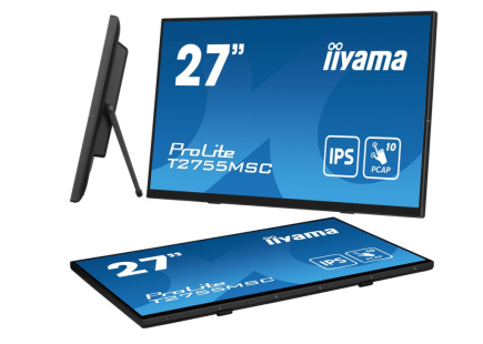 iiyama ProLite 27” Optical Bonded PCAP 10pt touchscreen monitor with IPS panel technology, edge-to-edge glass design, anti-fingerprint coating and a flexible stand