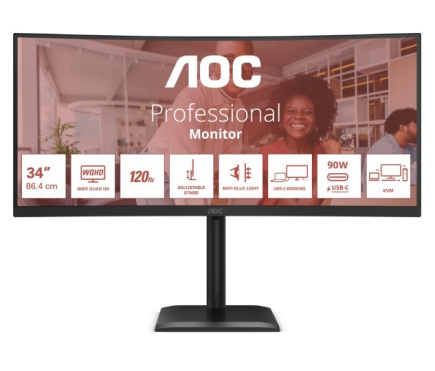 AOC Monitor CU34E4CV 34 cale 120Hz Curved VA HDMIx2 DP RJ45 HAS GĹoĹniki