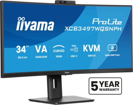 iiyama ProLite 34’’ VA UWQHD curved monitor with a built-in Windows Hello camera and Mikrofon, USB-C Dock, LAN, KVM-Switch and 15cm height adjustable stand
