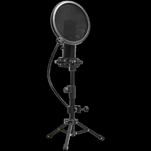 LORGAR Voicer 721, Gaming Microphone, Black, USB condenser Microphone with tripod stand and pop filter, including 1 Microphone, 1 metal tripod, 1 plastic shock mount, 1 windscreen cap, 2m USB Type C cable, 1 pop filter, 1 tripod mount ring, 154.6x56.1mm
