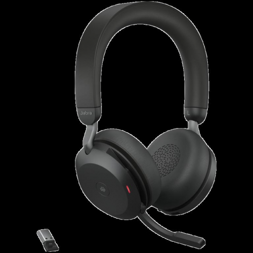 JABRA EVOLVE2 75, Link380a MS Stereo Stand Black, EVOLVE2 75 Headset Black MS, Link 380 BT adapter USB-A MS, EVOLVE2 75 Deskstand USB-A,1.2m USB-C to USB-A cable, carry pouch, warranty and warning (safety leaflets)