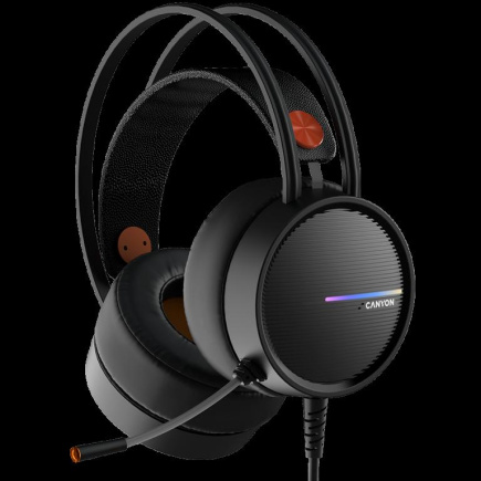 CANYON INTERCEPTOR GH-8A, Gaming Headset 3.5mm jack plus USB connector for LED backlight, adjustable Microphone and volume control, with 2in1 3.5mm adapter, cable 2M, Black and Orange, 0.36kg