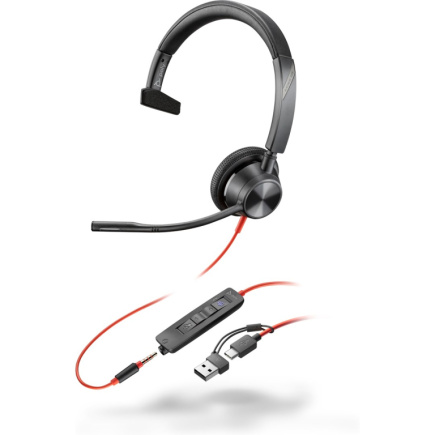 Poly Blackwire 3315 Monaural Microsoft Teams Certified USB-C Kõrvaklapid mikrofoniga +3.5mm Plug +USB-C/A Adapter