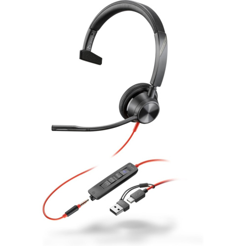 Poly Blackwire 3315 Monaural Microsoft Teams Certified USB-C Headset +3.5mm Plug +USB-C/A Adapter