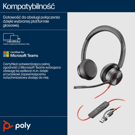 HP Poly Blackwire 8225 Stereo Microsoft Teams Certified USB-C Headset +USB-C/A Adapter WLONONWCRCMKM