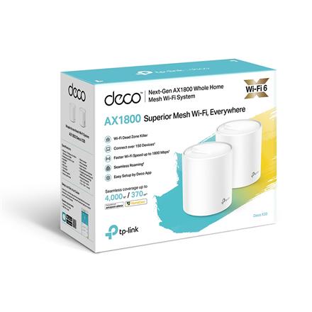 AX1800 Whole Home Mesh Wi-Fi 6 System | Deco X20 (2-pack) | 802.11ax | 1201+574 Mbit/s | 10/100/1000 Mbit/s | Ethernet LAN (RJ-45) ports 2 | Mesh Support Yes | MU-MiMO Yes | No mobile broadband | Antenna type 4xInternal per Deco uni