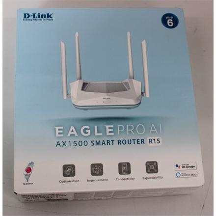 Taastatud.  D-Link R15 AX1500 Smart Router D-Link AX1500 Smart Router R15 802.11ax 1200+300 Mbit/s 10/100/1000 Mbit/s Ethernet LAN (RJ-45) ports 3 Mesh Support Yes MU-MiMO Yes No mobile broadband Antenna type 4xExternal DEMO | AX1500 Smart Router | R15 |