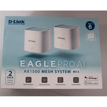 Taastatud. D-Link M15-2 EAGLE PRO AI AX1500 Mesh System D-Link EAGLE PRO AI AX1500 Mesh System M15-2 (2-pack) 802.11ax 1200+300 Mbit/s 10/100/1000 Mbit/s Ethernet LAN (RJ-45) ports 1 Mesh Support Yes MU-MiMO Yes No mobile broadband Antenna type 2 x 2.4G