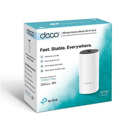 AC1200 Whole Home Mesh WiFi System | Deco M4 (1-pack) | 802.11ac | 867+300 Mbit/s | 10/100/1000 Mbit/s | Ethernet LAN (RJ-45) ports 2 | Mesh Support Yes | MU-MiMO Yes | No mobile broadband | Antenna type 2xInternal