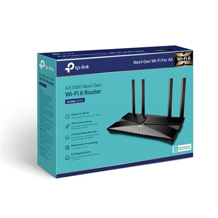 AX1500 Wi-Fi 6 Router | Archer AX10 | 802.11ax | 1201+300 Mbit/s | 10/100/1000 Mbit/s | Ethernet LAN (RJ-45) ports 4 | Mesh Support No | MU-MiMO Yes | No mobile broadband | Antenna type 4xExternal