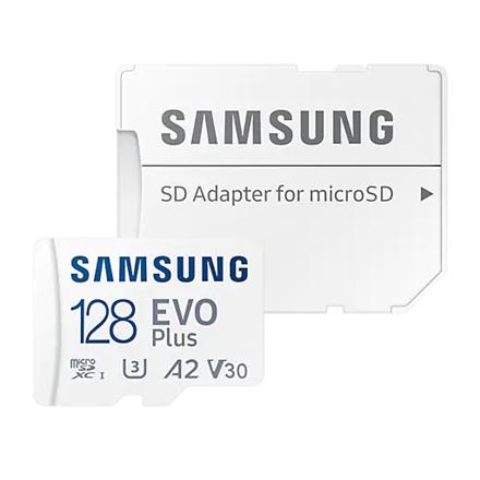 Samsung EVO Plus MB-MC128KA - Flash memory card (microSDXC to SD adapter included) - 128 GB - A2 / Video Class V30 / UHS-I U3 / Class10 - microSDXC UHS-I - white 