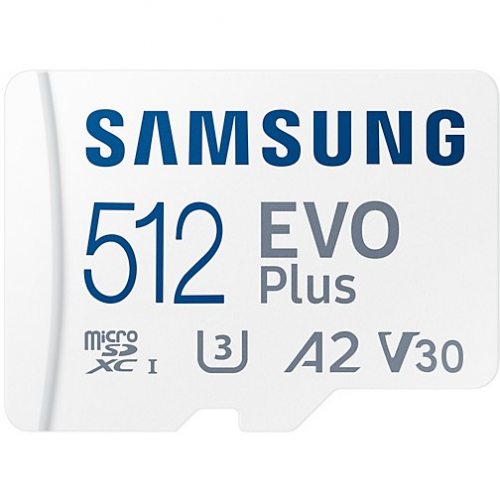 Samsung EVO Plus MB-MC512KA - Flash memory card (microSDXC to SD adapter included) - 512 GB - A2 / Video Class V30 / UHS-I U3 / Class10 - microSDXC UHS-I - white 