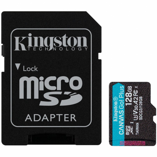 Kingston Canvas Go! Plus - Flash memory card (microSDXC to SD adapter included) - 128 GB - A2 / Video Class V30 / UHS-I U3 / Class10 - microSDXC UHS-I - Up to 170MB/s read, 90MB/s write 