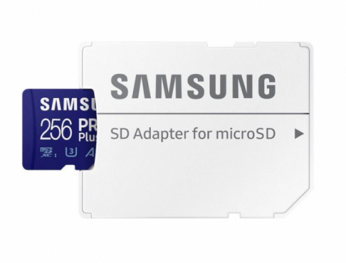 Samsung PRO Plus MB-MD256SA - Flash memory card (microSDXC to SD adapter included) - 256 GB - A2 / Video Class V30 / UHS-I U3 - blue - Read : up to 180MB/s, Write : up to 130MB/s