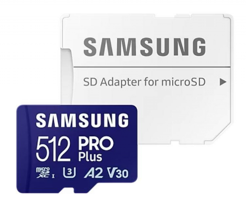 Samsung PRO Plus MB-MD512SA - 512 GB - A2 / Video Class V30 / UHS-I U3 - blue - Up to 180 MB/s read - Up to 130 MB/s write