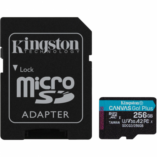 Kingston Canvas Go! Plus - Flash memory card with adapter - 256 GB - A2 / Video Class V30 / UHS-I U3 / Class10 - microSDXC UHS-I - 170MB/s read, 90MB/s write 