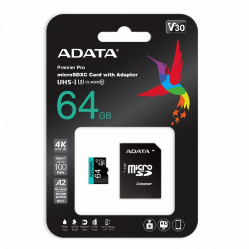 Adata Memory card microSD Premier Pro 64 GB UHS1 U3 V30 A2 + adapter