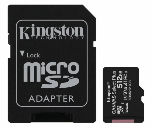 Kingston Canvas Select Plus - Flash memory card (microSDXC to SD adapter included) - 512 GB- Read Up to 100 MB/s - Write Up to 85 MB/s