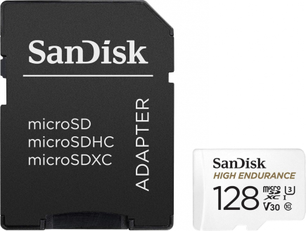 SanDisk High Endurance - microSDXC Flash memory card (microSDXC to SD adapter included) U3 and V30 - 128 GB - Read Up to 100 MB/s - Write Up to 40 MB/s