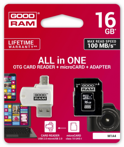 GOODRAM microSDHC card 16GB CL10 + adapter + reader