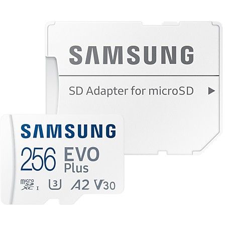 Samsung EVO Plus MB-MC256SA 2024 -  Flash memory card (microSDXC to SD adapter included) - 256 GB - A2 / Video Class V30 / UHS-I U3 / Class10 - microSDXC UHS-I - Read 160 MB/s - white 