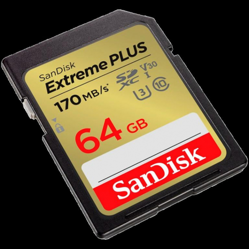 SanDisk Extreme PLUS 64GB SDXC Memory Card + 2 years RescuePRO Deluxe up to 170MB/s & 80MB/s Read/Write speeds, UHS-I, Class 10, U3, V30, EAN: 619659189341