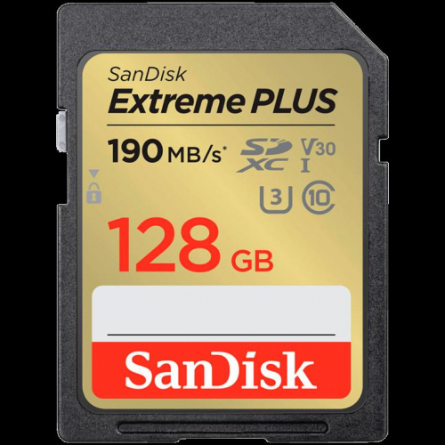 SanDisk Extreme PLUS 128GB SDXC Memory Card + 2 years RescuePRO Deluxe up to 190MB/s & 90MB/s Read/Write speeds, UHS-I, Class 10, U3, V30, EAN: 619659189389