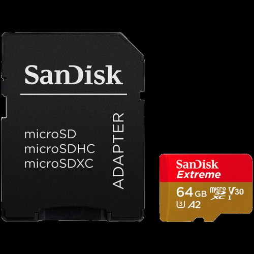 SanDisk Extreme microSDXC 64GB for Action Cams and Drones + SD Adapter + 1 year RescuePRO Deluxe up to 170MB/s & 80MB/s Read/Write speeds A2 C10 V30 UHS-I U3, EAN: 619659193386