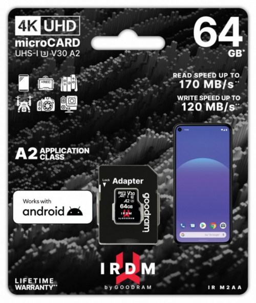 GOODRAM Memory card microSD IRDM 64GB UHS-I U3 A2 + adapter